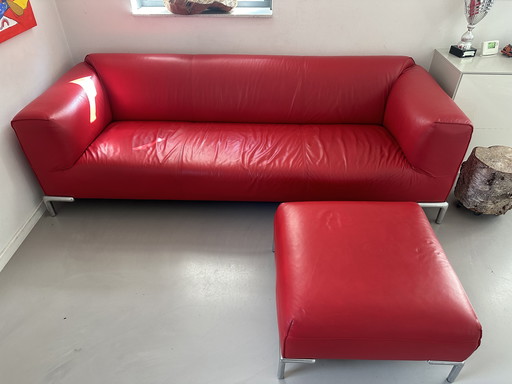 Bert Plantagie Monty 3.5-Seater Sofa, Deep Red Leather, With Hocker