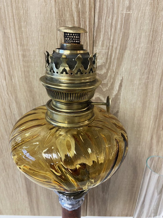 Image 1 of Ancienne Lampe à Pétrole Colonne Huile Kérosène France 1900 "HS" Art Nouveau