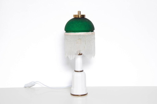 Table lamp with glass shade, glass beads, porcelain, 43cm, 1970s vintage