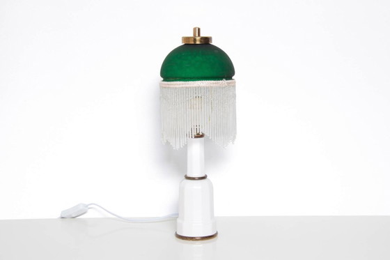 Image 1 of Table lamp with glass shade, glass beads, porcelain, 43cm, 1970s vintage