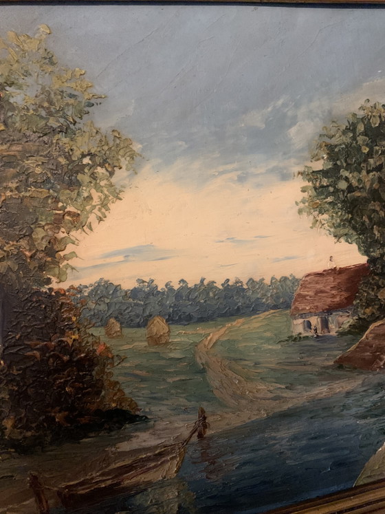 Old French School Oil Painting – River Landscape – Signed – Art Deco Frame 60 x 51 cm – Paintings & Drawings (photo 5 of 14)