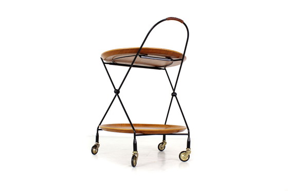 Image 1 of Almost As New, Jie Gantofta Mid-Century String Serving Trolley / Tea Trolley, Sweden, Teak, Steel Leather, Completely Restored!