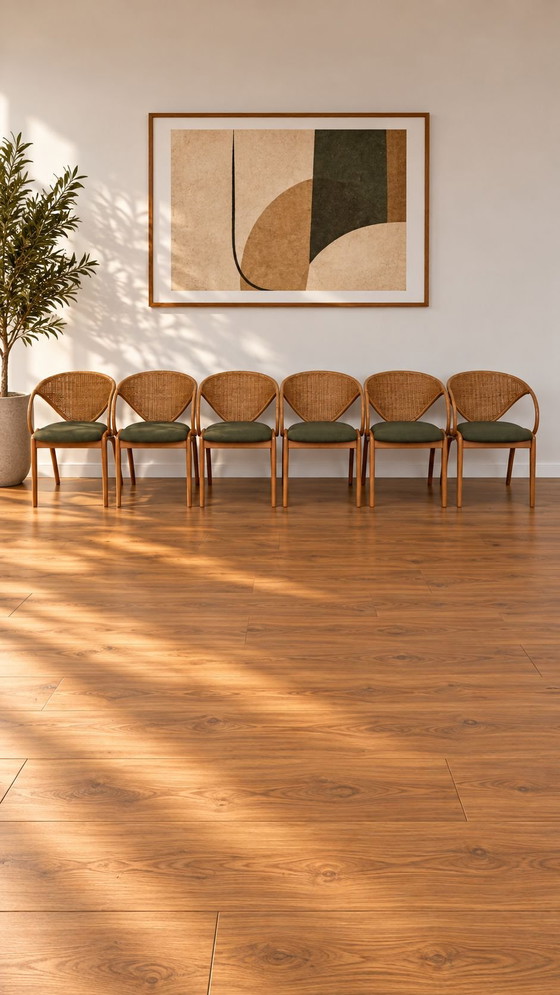 Tavolo e sedie LUBKE vintage design scandinavo – Lübke, Set da pranzo, Rattan, Tessile (photo 6 of 10)