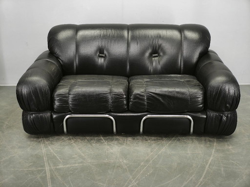 1970s Italian Two-Seat Sofa by Adriano Piazzesi in Chrome and Leatherette
