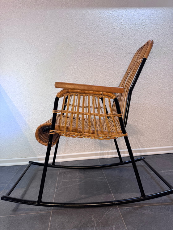 Rare Mid-Century Rattan Rocking Chair - Attributed to Alan Fuchs for ÚLUV, Czechoslovakia, 1960s – Metal (photo 2 of 13)