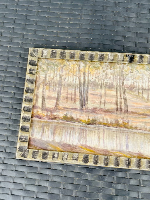 Belgian watercolor, Pond in the forest near Chevetogne, signed J. Dupont