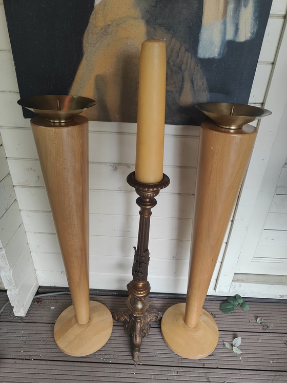 Image 1 of candlesticks 2 piece solid beech candlesticks plus church candlestick solid copper