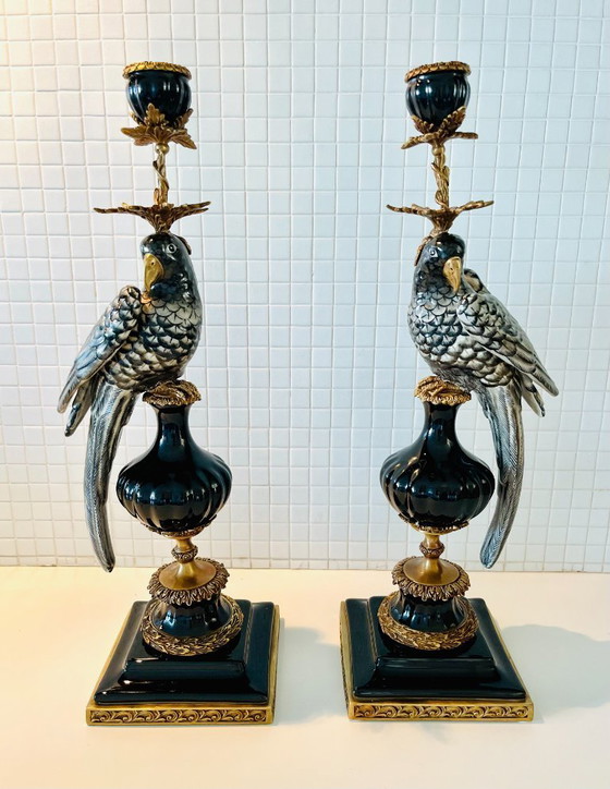 Image 1 of 48 cm grote, enorme set - bronzen, porseleinen papegaai kandelaars, nieuwe kandelaars