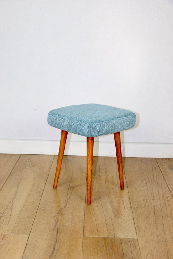 Image 1 of Blue turquoise square vintage stool PRL 1970s