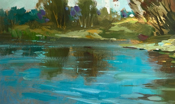 Image 1 of Original Oil Painting Summer Coastal Landscape There is a lake behind the village