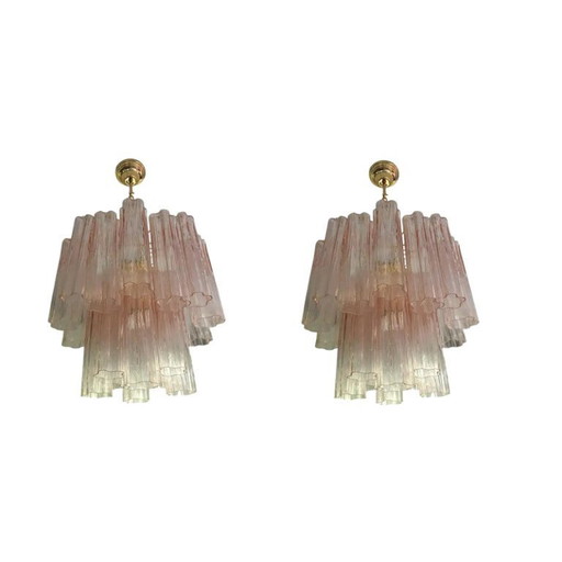 Set of 2 Contemporary Murano Style Glass Pink "Tronchi" Chandelier With Gold 24k Metal Frame