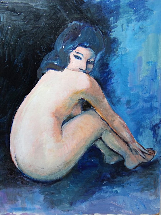 Image 1 of Large painting of a nude woman from behind, modern oil on panel, vintage style