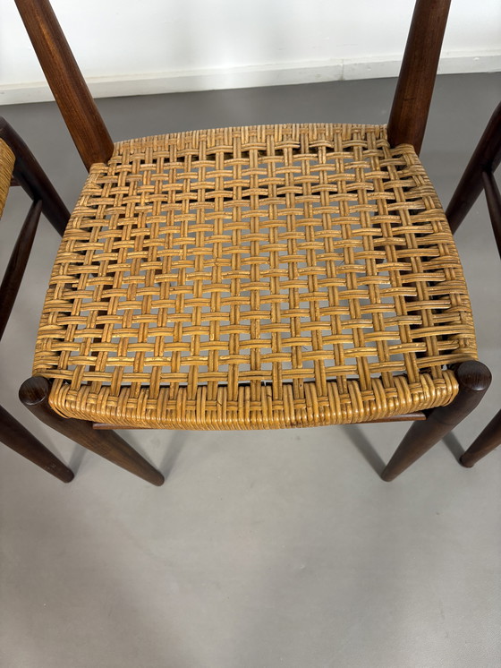 Image 1 of Set van 5 Deense palissanderhouten eetkamerstoelen met rotan uit 1960
