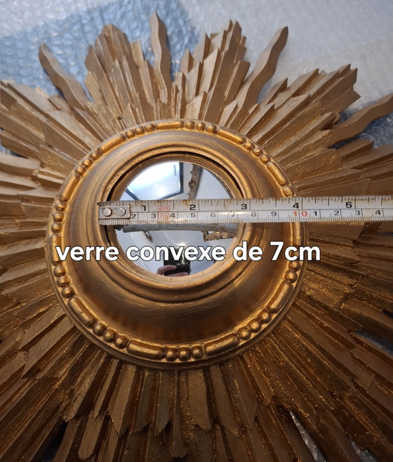 Image 1 of 46cm sun mirror in rare wood, 1950s version. Gold color.