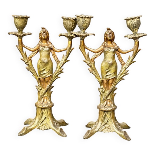 Coppia di candelabri antichi in stile Art Nouveau. – kandelaars en kaarsen, Metal