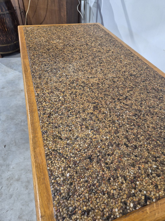 Image 1 of Tavolino da caffè in legno di quercia in stile giapponese con piano in ciottoli