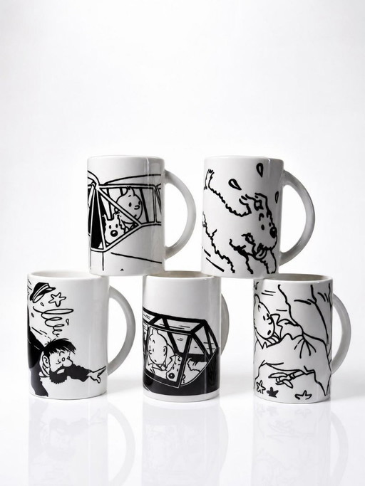 Set of 5 contemporary black and white Tintin porcelain or earthenware mugs/cups