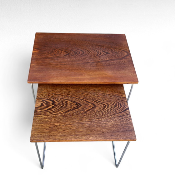 Image 1 of Juego de 2 mesas auxiliares Brabantia, tablero de wengué, patas cromadas