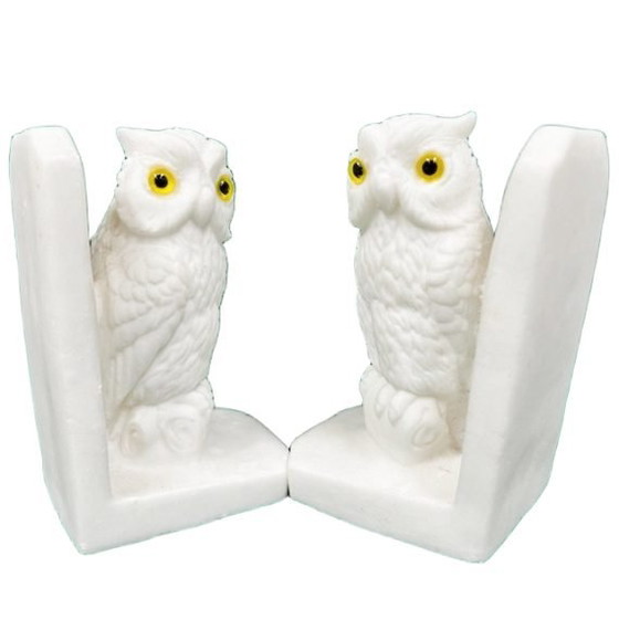 Image 1 of Vintage mid-century set of owl bookends in white marble look, 1960s