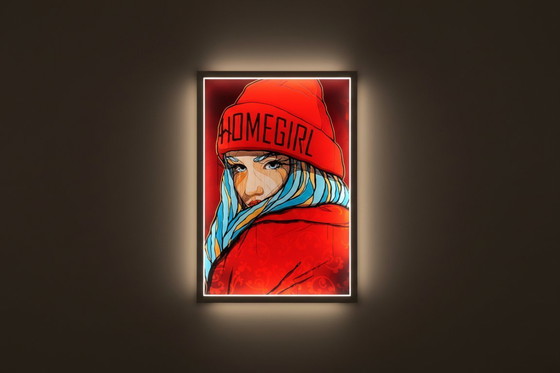 Image 1 of El Bocho - Homegirl - Lightbox - framed in a wooden frame - hand-signed
