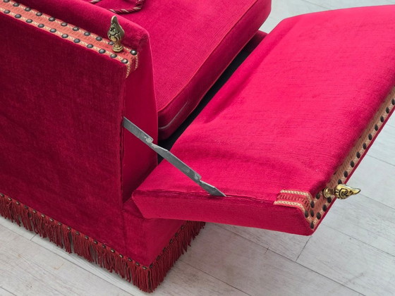 1970s, Danish 2-seater "Spanish" drop arm sofa, furniture velour., 2 seaters, Velvet, Wood, Red (photo 19 of 23)