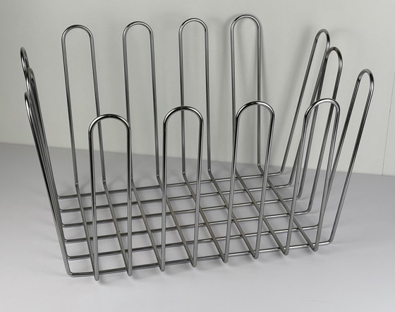 Image 1 of Large Vintage XL Wire Steel Chrome Newspaper Container / Reading Rack