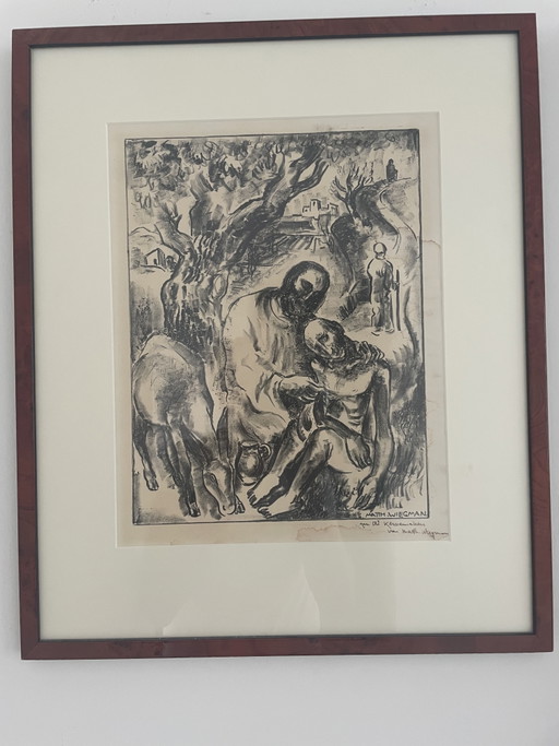 Litografia vintage incorniciata di Matthij Wiegman. Il buon samaritano – lithos zeefdrukken, Glass, Paper