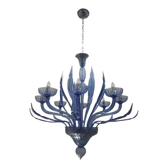 Image 1 of Lampadario in vetro di Murano Bluino con foglie italiane di Simoeng
