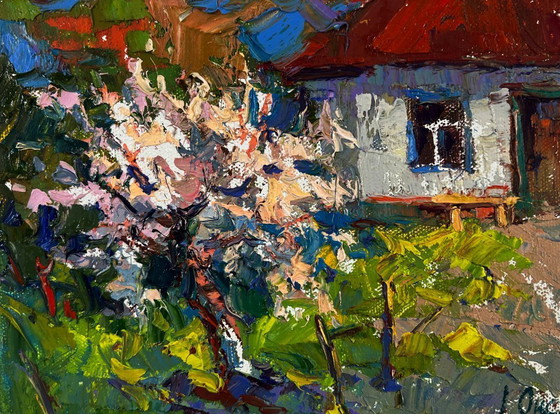 Image 1 of Original Oil Painting Village Day Landscape Petals under the warm spring sun