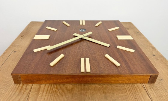 Image 1 of Vintage Brown Wooden Wall Clock from Pragotron, 1980s