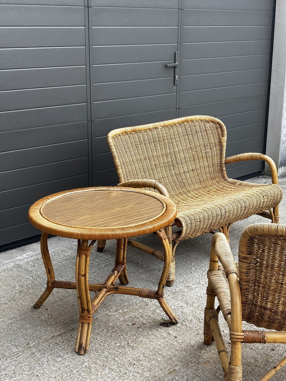 Image 1 of Vintage rotan tuinset – bank, 2 fauteuils en salontafel (jaren 70) 