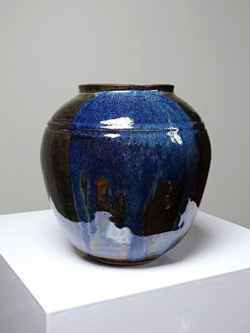 Petit vase vintage/ancien grès très fin émaillé flammé céramique d'art signature