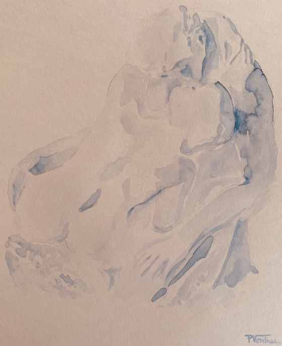 Image 1 of Monochrome blue watercolor of the statue "The Kiss" by Auguste Rodin