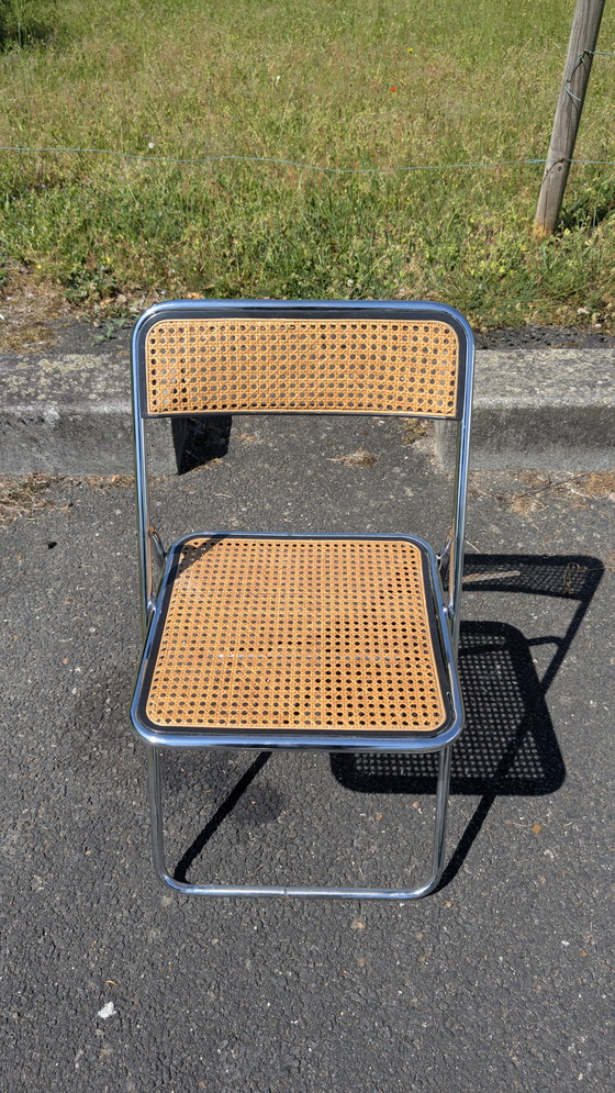 Image 1 of Chaise pliante cannée et acier chromé dans le goût de Castelli, Vintage