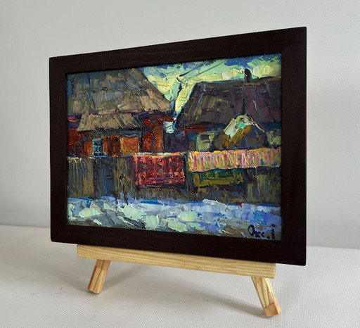 Original Oil Painting Winter Village Landscape Sunset behind the rooftops