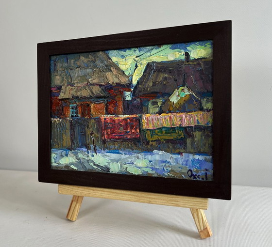 Image 1 of Original Oil Painting Winter Village Landscape Sunset behind the rooftops