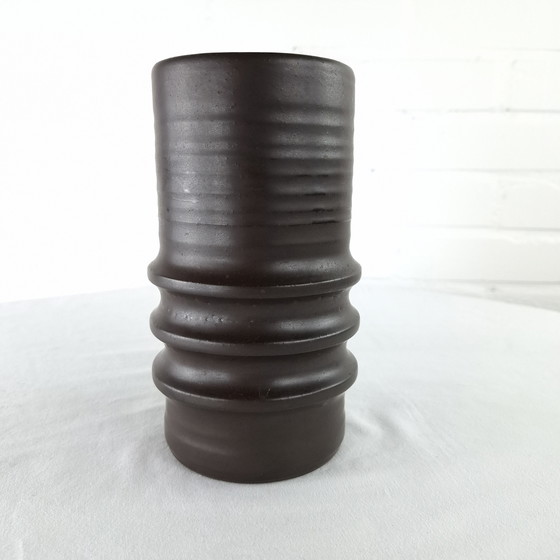 Image 1 of Vintage ribbed vase brown ceramic 1970s wabi sabi brutalist japandi
