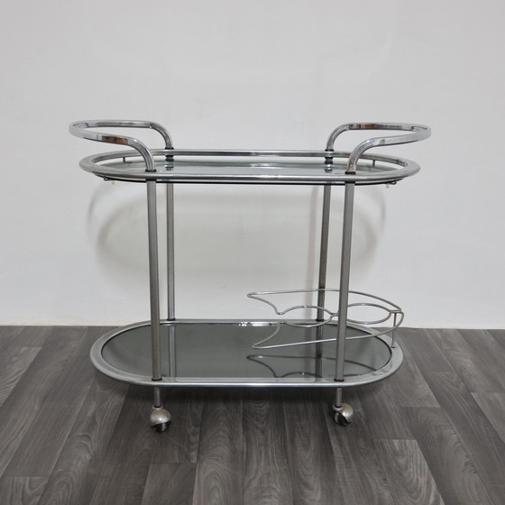 Image 1 of Stalen voedseltrolley met dubbele plank en gerookt glas, ontwerp uit de jaren 70