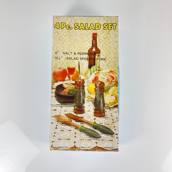 Image 1 of Grünes Keramik-Salz- und Pfefferstreuer-Set sowie Salatbesteck, 1970