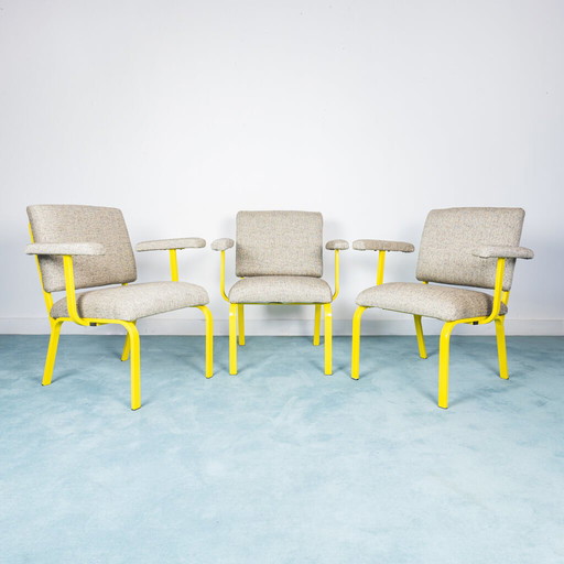 Set of 3 handcrafted chairs in yellow metal and gray fabric, 70s