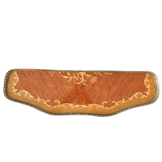 Videoregistratore vintage italiano, tavolino a mezzaluna da parete con intarsi in legno e ottone, anni '50 (photo 10 of 13)
