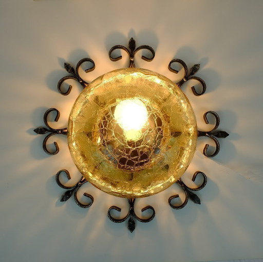 outstanding 1970's modernist brutalist wall lamp SCONCE wrought iron and amber glass