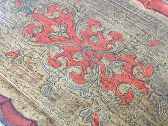 Image 1 of Vintage Florentine Gilt Wood Tray | Hand-Painted Orange & Gold | Midcentury Italian Baroque Decor