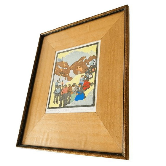 Image 1 of Vintage ingelijste Robert Saurwein gesigneerde kleurhoutsnede "Prozession" 1940's