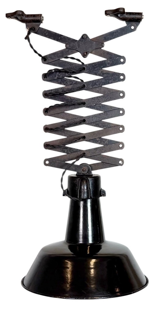 Industriële zwarte emaille schaarplafondlamp, jaren 30