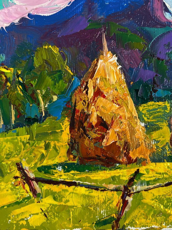 Image 1 of Original Oil Painting Nature Landscape Hills Mowed Hay in the Field