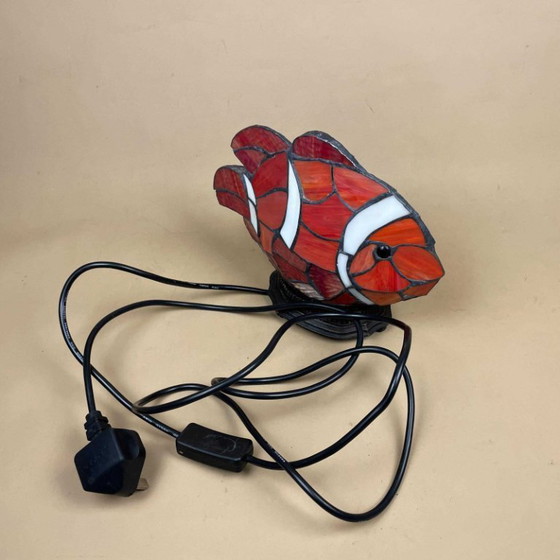 Image 1 of Tiffany Style Clown Fish Lamp Light Bedside Table Patterned Glass Shade Metal Base Brass Antique Pattern Vintage Lampshade Multi