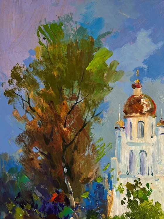 Image 1 of Original Oil Painting Summer Nature Landscape Church under a shining sky