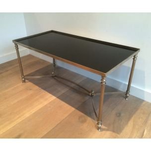 Tavolino da caffè vintage in argento con piano in vetro laccato nero, 1940