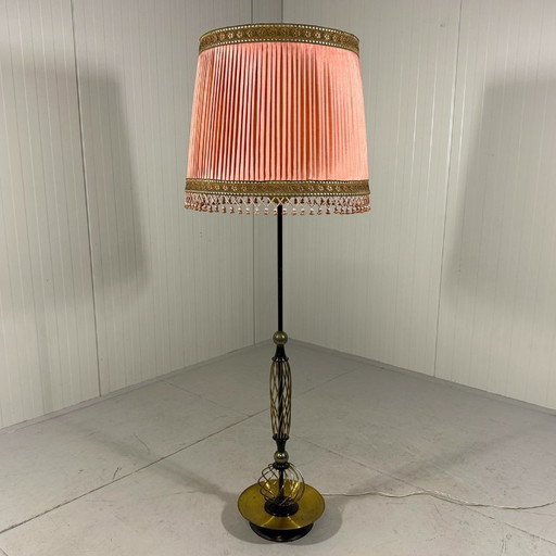 Austrian brass floor lamp with pleated lampshade 1940-50s
